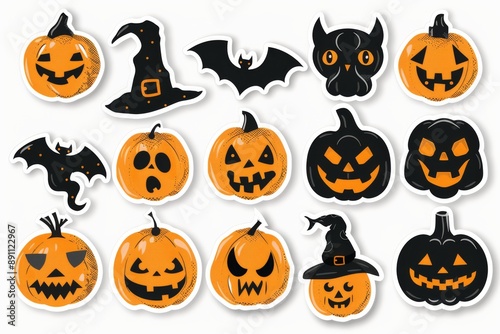 Vibrant Collection of Rhinestone Halloween Stickers Featuring Glittery Pumpkins, Bats, and Spiders on a Stark White Background