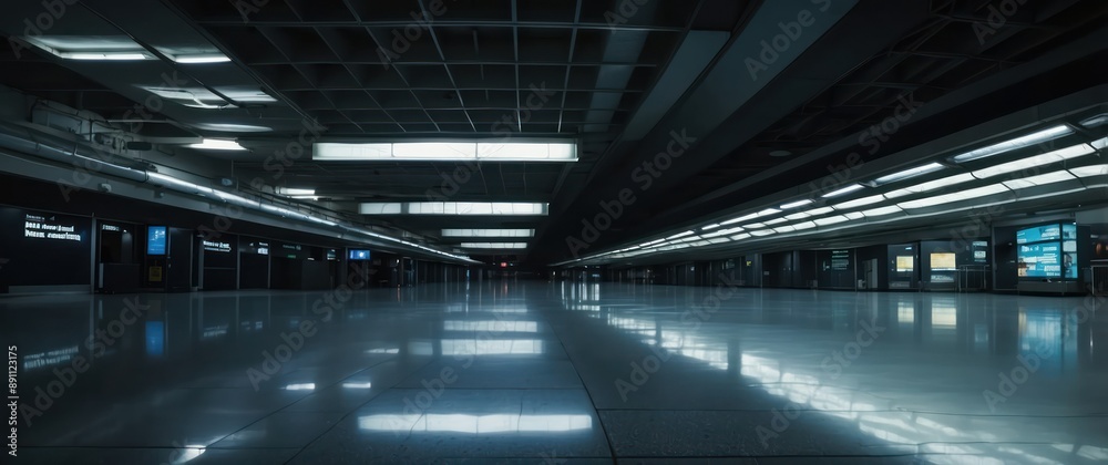 Fototapeta premium A spacious, empty subway station with glossy floors and modern lighting, evoking a quiet, futuristic atmosphere perfect for urban travel.