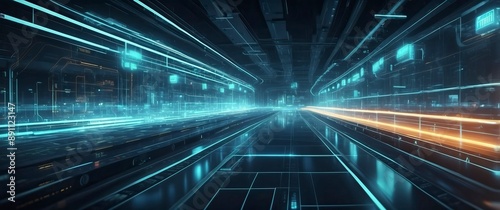 A futuristic digital tunnel showcasing dynamic light lines, representing advanced technology and high-speed data flow in a sci-fi environment.