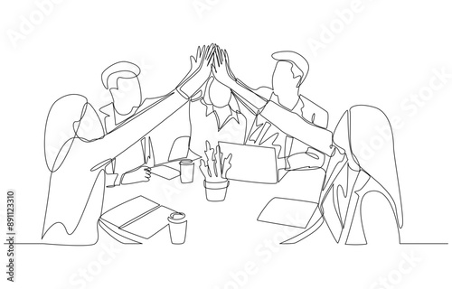 Continuous one line drawing of young office workers giving high five together, business teamwork concept, single line art.
