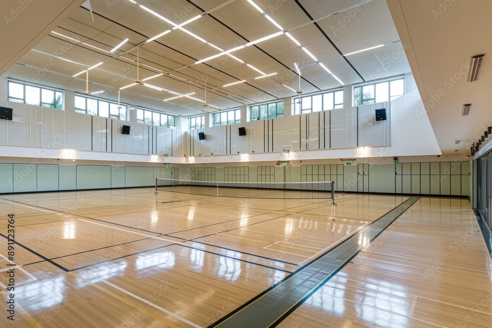 Obraz premium School badminton hall ,A person playing badminton on an indoor court