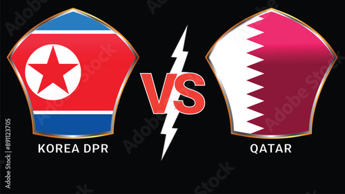 Korea DPR vs Qatar Soccer football match with Black Background and Versus Flags