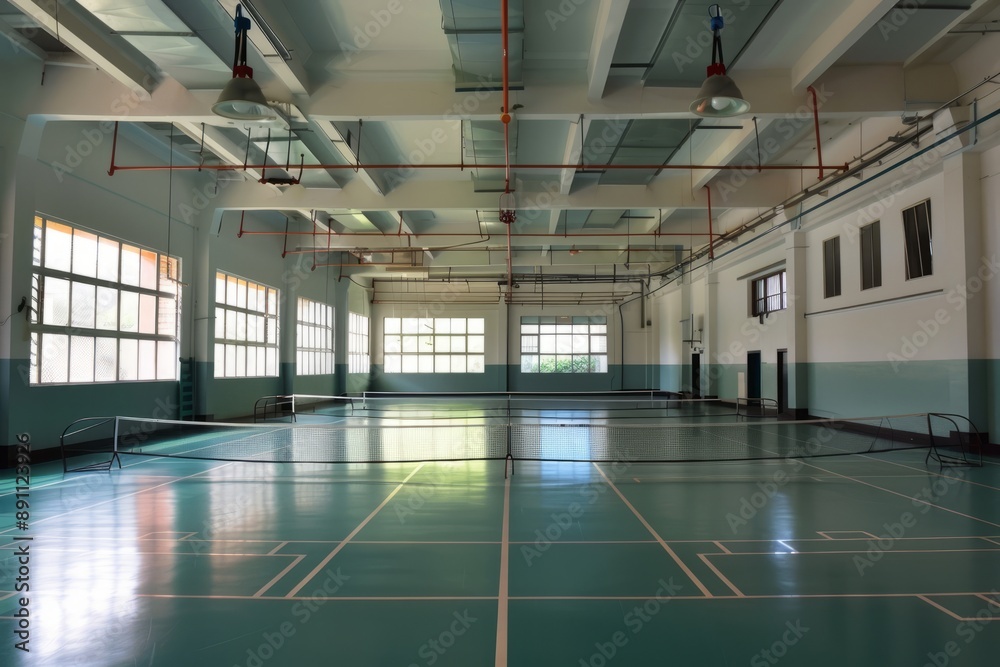 School badminton hall ,A person playing badminton on an indoor court
