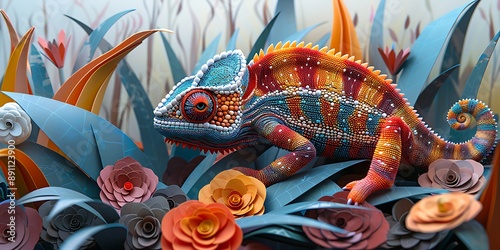 Beautiful chameleon among the flowers and leaves. Paper cut style
