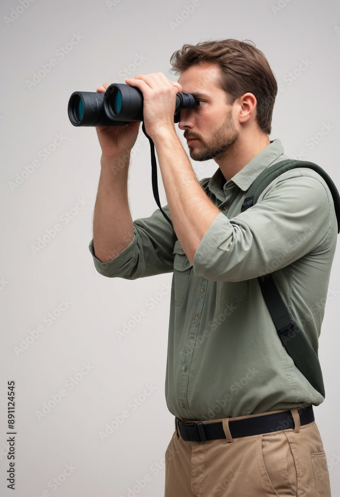 Birdwatcher with binoculars observing a rare bird. Birdwatcher with binoculars observing a rare bird.