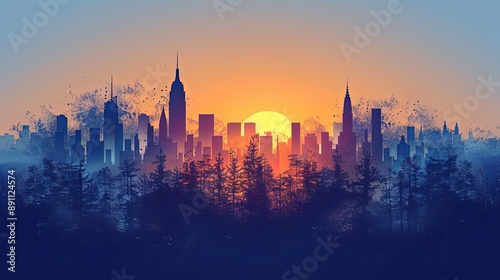 vector, illustration, flat, Seamless silhouette of the city. Cityscape with buildings. Simple blue background. Urban landscape. Beautiful template. Modern city with layers. Flat style vector illustrat © Pattarin