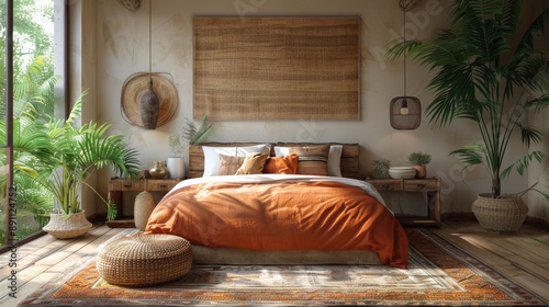 Background with a vintage-inspired wall poster, complemented by a cozy armchair and patterned pillow, brings a touch of retro charm and natural warmth to the interior decor