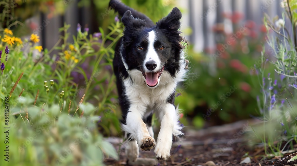 Border Collie Running Freely in a Lush Garden, Showcasing Its Energy and Agility Against a Vibrant Green Landscape Border Collie Running Freely in a Lush Garden, Showcasing Its Energy and Agility Against a Vibrant Green Landscape