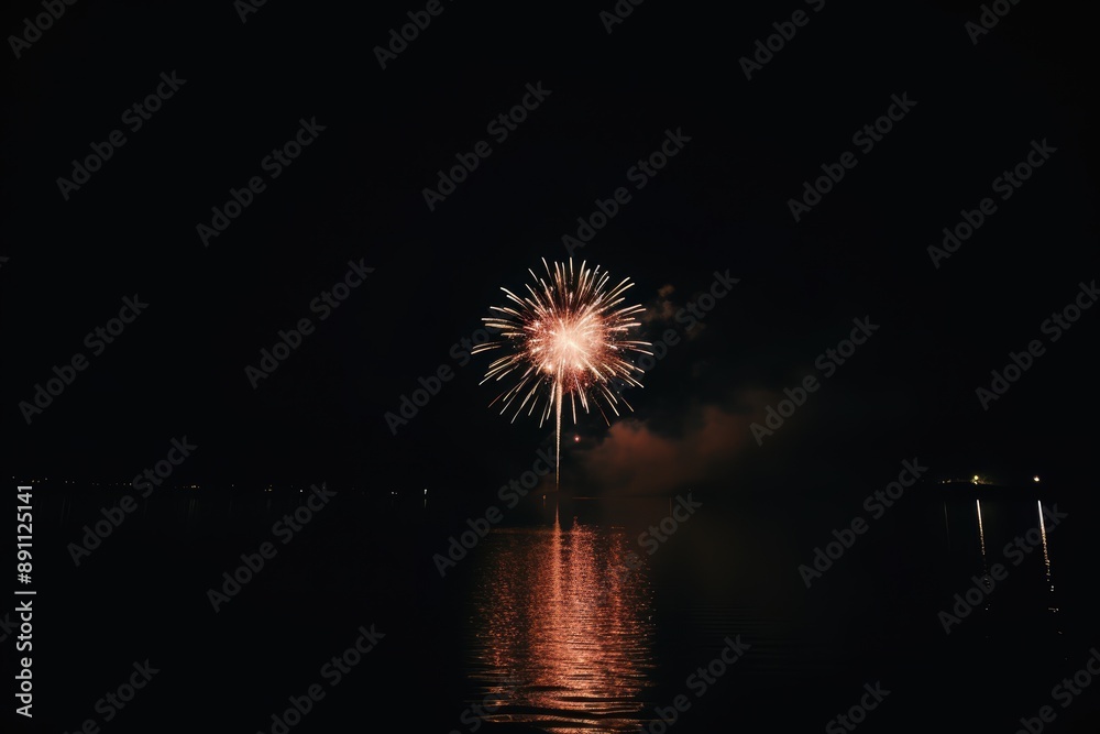Vibrant fireworks display reflecting on calm waters Vibrant fireworks display reflecting on calm waters