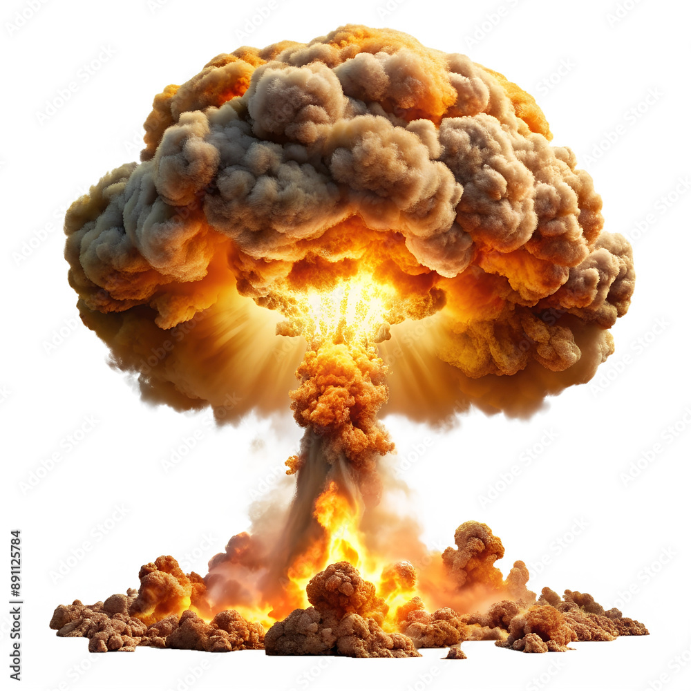 Powerful nuclear explosion with a mushroom cloud rising up isolated white Powerful nuclear explosion with a mushroom cloud rising up isolated white