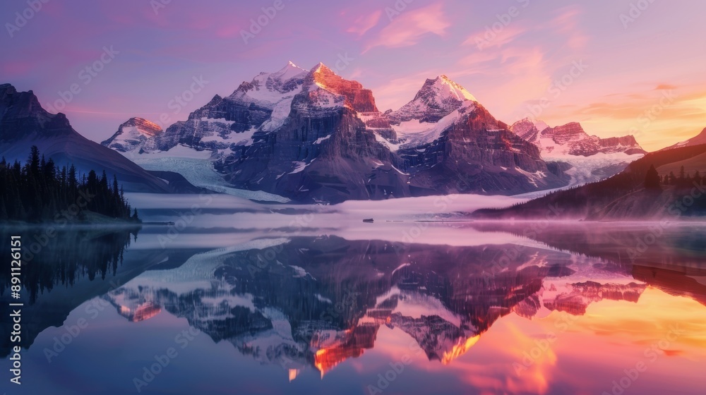 Majestic mountain landscape reflected in serene lake at sunset Majestic mountain landscape reflected in serene lake at sunset