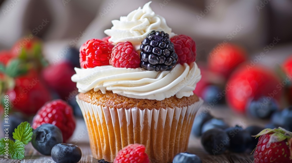 A cupcake decorated with fresh berries and a dollop of whipped cream