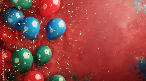 Wallpaper Mural A festive array of red, blue, and green balloons hovering against a textured red background, with gold confetti sprinkled around Torontodigital.ca