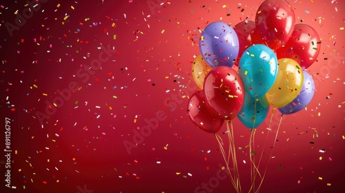 Wallpaper Mural A festive backdrop with multicolored balloons floating against a rich red background, with confetti scattered around Torontodigital.ca