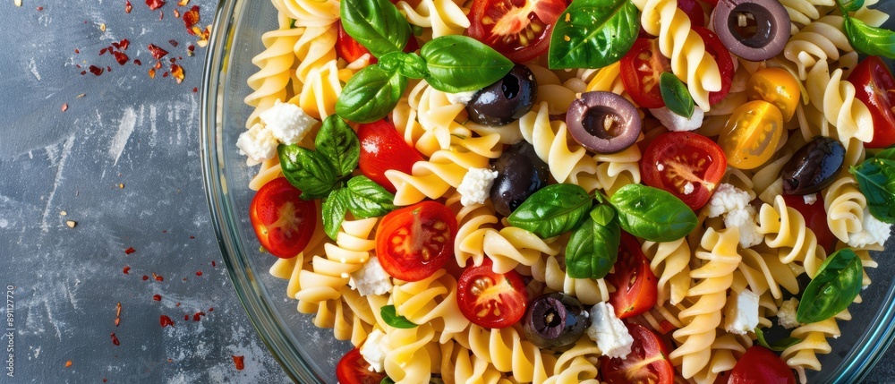 A top-down view of a colorful pasta salad with fusilli, cherry tomatoes, olives, and feta cheese A top-down view of a colorful pasta salad with fusilli, cherry tomatoes, olives, and feta cheese