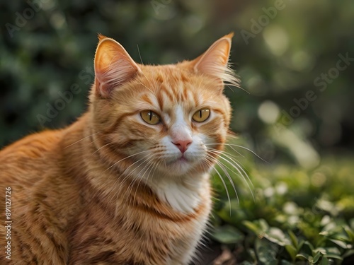 orange cat with blur background, orange cat is sitting and looking