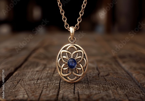 Elegant gold necklace pendant with blue gemstone