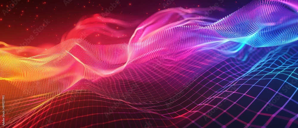 An abstract tech design with holographic waves and grid patterns, providing clear copy space at the top An abstract tech design with holographic waves and grid patterns, providing clear copy space at the top