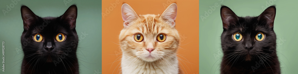 Three cats with surprised expression isolated in simple background Three cats with surprised expression isolated in simple background