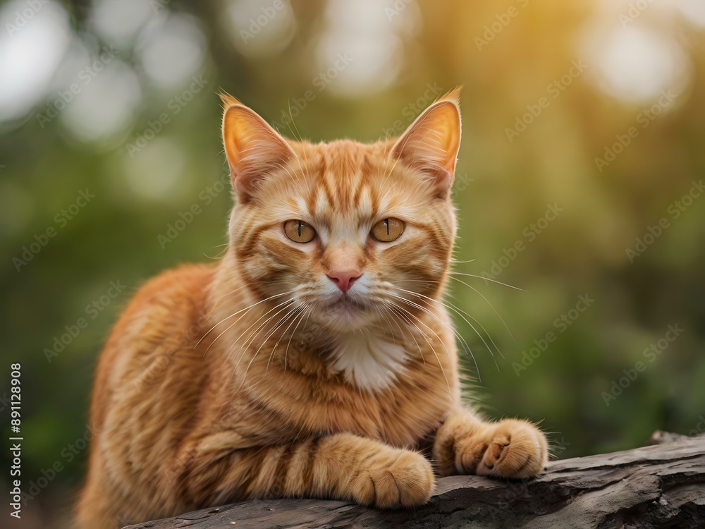 orange cat with blur background, orange cat is sitting and looking