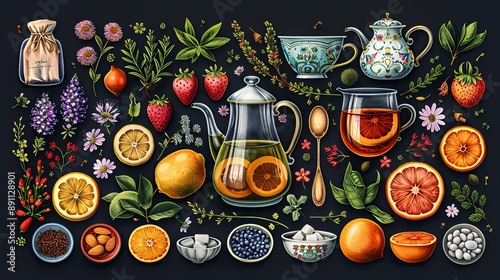 vector, illustration, flat, Round floral design on dark background with cinnamon, lemons, oranges, tea bag, sugar cubes, heather, chamomile, dog rose, peppermint, almond, strawberry, teaspoon, teapots