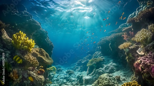 48. "A beautiful underwater landscape with intricate rock formations and vibrant sea life