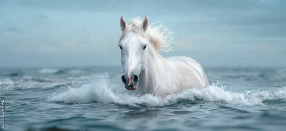 Majestic white horse galloping through ocean waves