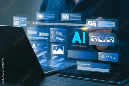 Artificial Intelligence Content Generator. A man uses a laptop to interact with AI assistant. AI offers functions like chatbot, generate images, write code, writer bot, translate and advertising.
