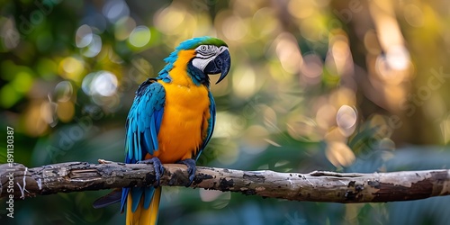 Beautiful macaw parrot sitting on a branch in the forest