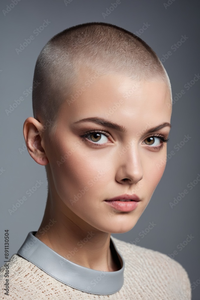 Fototapeta premium Portrait of young caucasian woman with shaved head looking at camera in serious expression