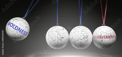 Boldness and Achievements - cause and effect relationship. A Newton cradle metaphor showing how boldness results in achievements. It initiates achievements. ,3d illustration