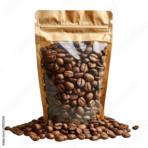 A transparent pack filled with fresh, aromatic coffee beans, perfect for illustrating coffee culture and gourmet food.