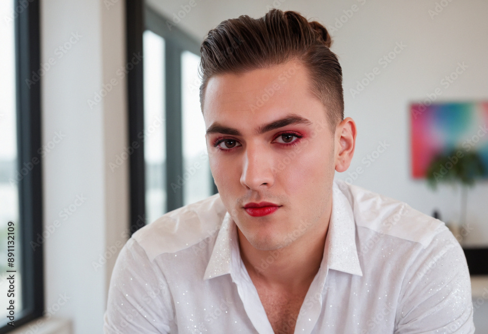 Portrait of a man wearing makeup in office workspace looking at camera Portrait of a man wearing makeup in office workspace looking at camera