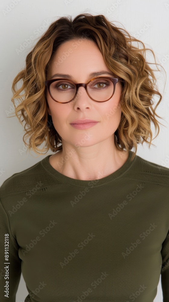 Obraz premium Stylish woman with curly hair and glasses