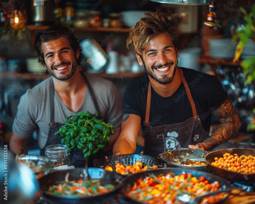 Joyful LGBT Couple Cooking Together in Modern Kitchen - High-Quality Digital Photograph with 90mm f/4.0 Lens Joyful LGBT Couple Cooking Together in Modern Kitchen - High-Quality Digital Photograph with 90mm f/4.0 Lens