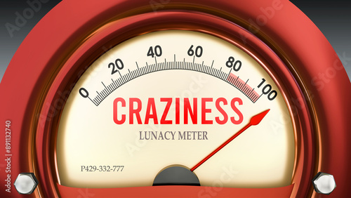 Craziness and Lunacy Meter that is hitting a full scale, showing a very high level of craziness, overload of it, too much of it. Maximum value, off the charts.  ,3d illustration photo