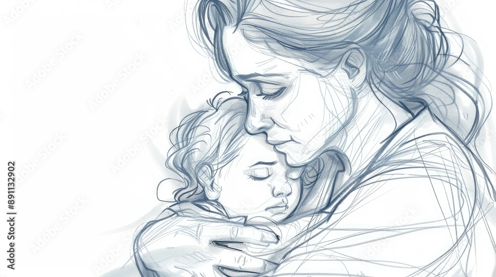 Fototapeta premium A sketch of a mother comforting her child, with soft, comforting lines.