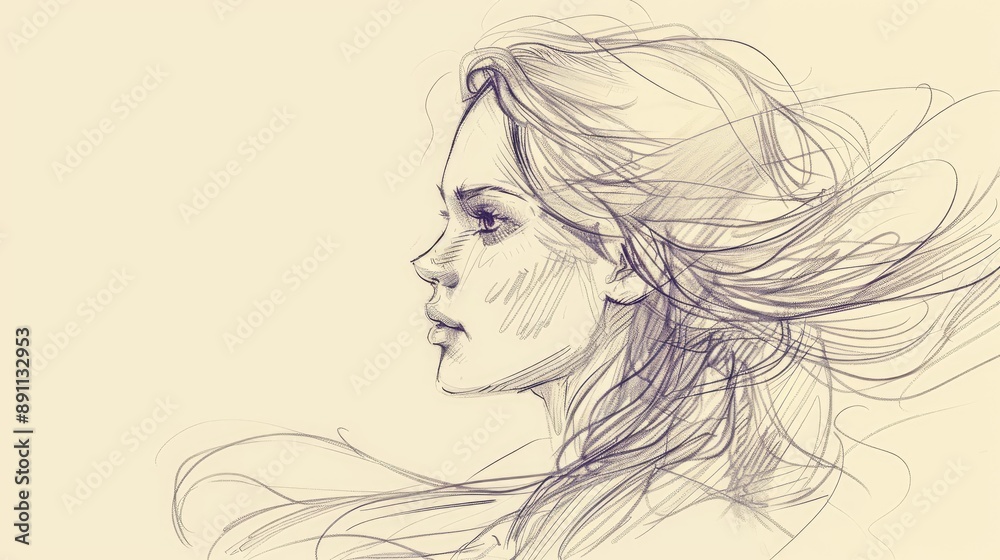 A sketch of a woman in profile, with flowing hair and elegant features. A sketch of a woman in profile, with flowing hair and elegant features.