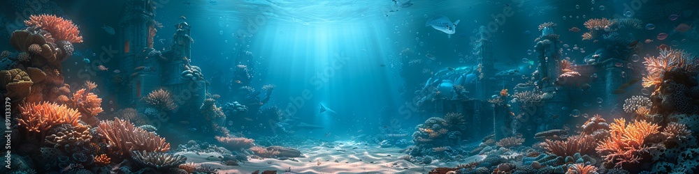 a magical seabed, with corals, and sunlight breaking through the water a magical seabed, with corals, and sunlight breaking through the water