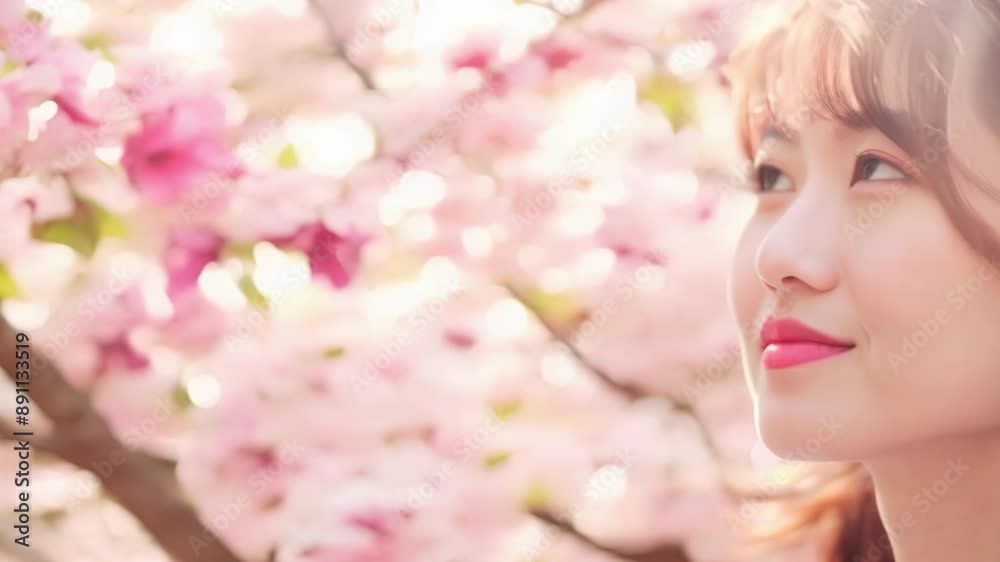 In a dreamy closeup a serene expression on a womans face is enhanced by a soft pink glow from the surrounding cherry blossom trees. In a dreamy closeup a serene expression on a womans face is enhanced by a soft pink glow from the surrounding cherry blossom trees.