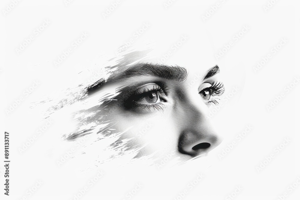 Obraz premium Thoughtful Expression, Woman's eye and nose in black and white, Reflective Mood.