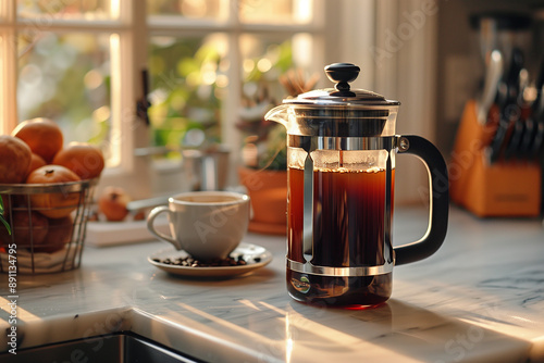 coffee brewing process and the moment of pouring, a shot of coffee brewing in a French press, capture the transformation of water into coffee