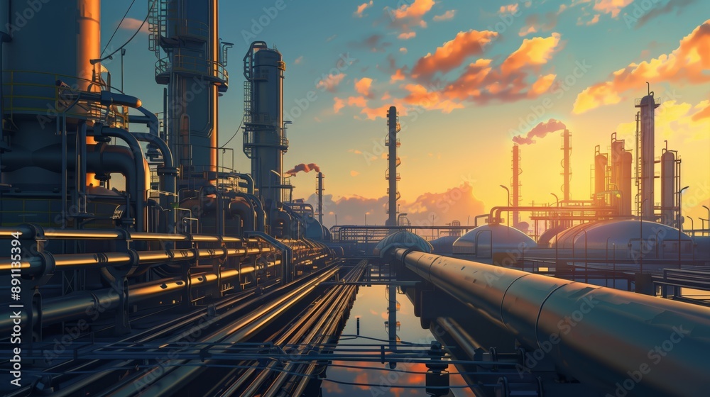 Industrial refinery complex with intricate pipelines and structures, illuminated against a colorful sunset sky Industrial refinery complex with intricate pipelines and structures, illuminated against a colorful sunset sky