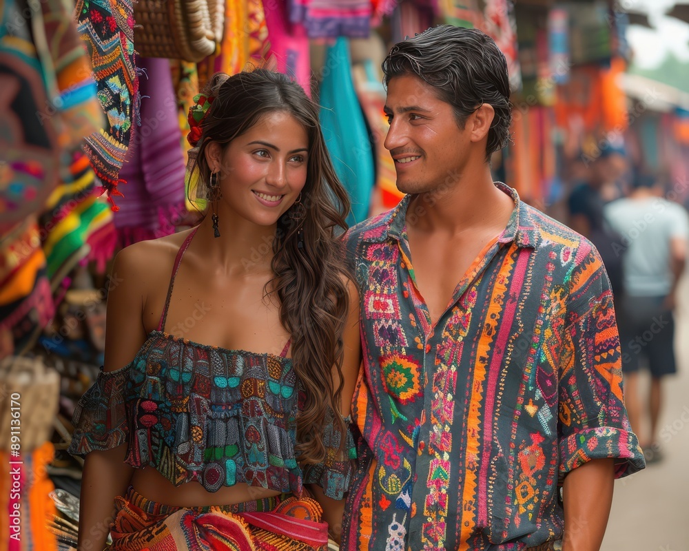 Vibrant Market Exploration: Couple Engaging with Handmade Goods and Vendors in Local Market Scene Vibrant Market Exploration: Couple Engaging with Handmade Goods and Vendors in Local Market Scene