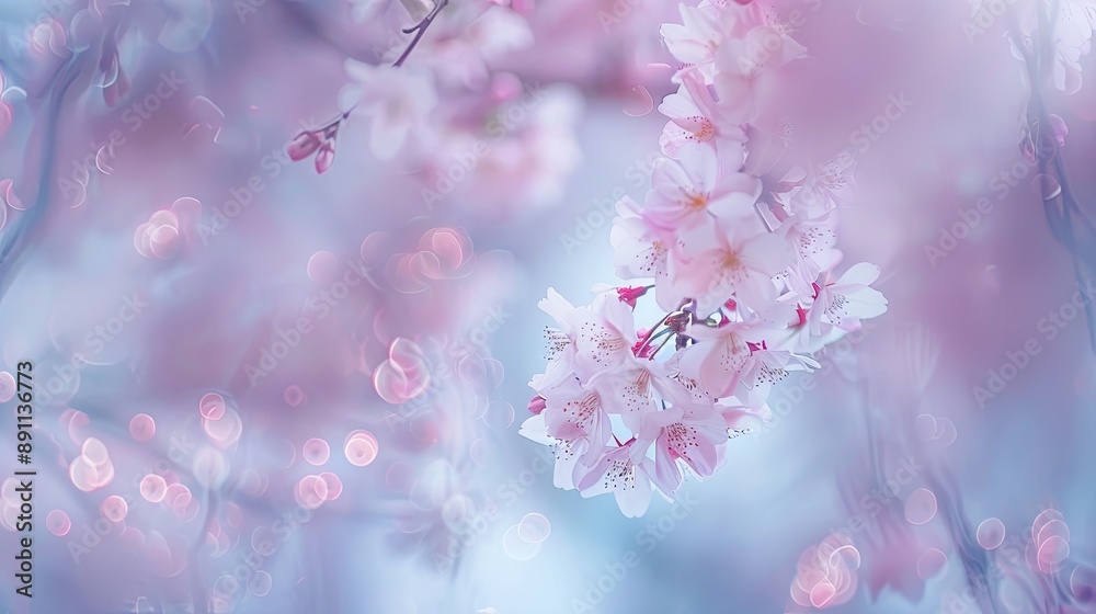 A soft-focus image of cherry blossoms in full bloom. A soft-focus image of cherry blossoms in full bloom.