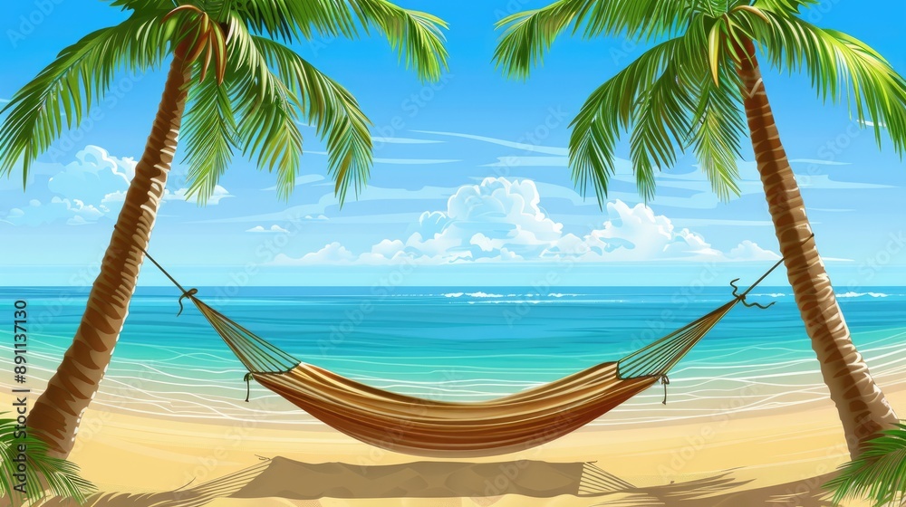 Fototapeta premium A tranquil beach scene with a hammock strung between two palm trees.