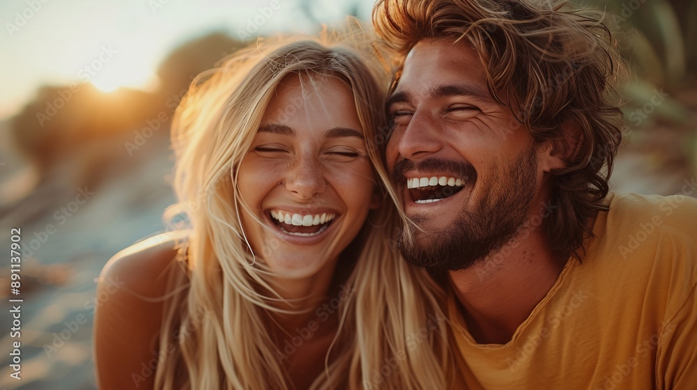 A young couple humorously posing for a serious photo, showcasing natural chemistry and playful expressions, perfect for relationship or love-themed projects. A young couple humorously posing for a serious photo, showcasing natural chemistry and playful expressions, perfect for relationship or love-themed projects.
