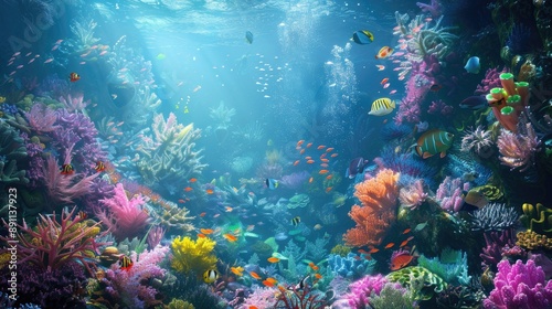 A vibrant underwater scene with colorful coral reefs and tropical fish.