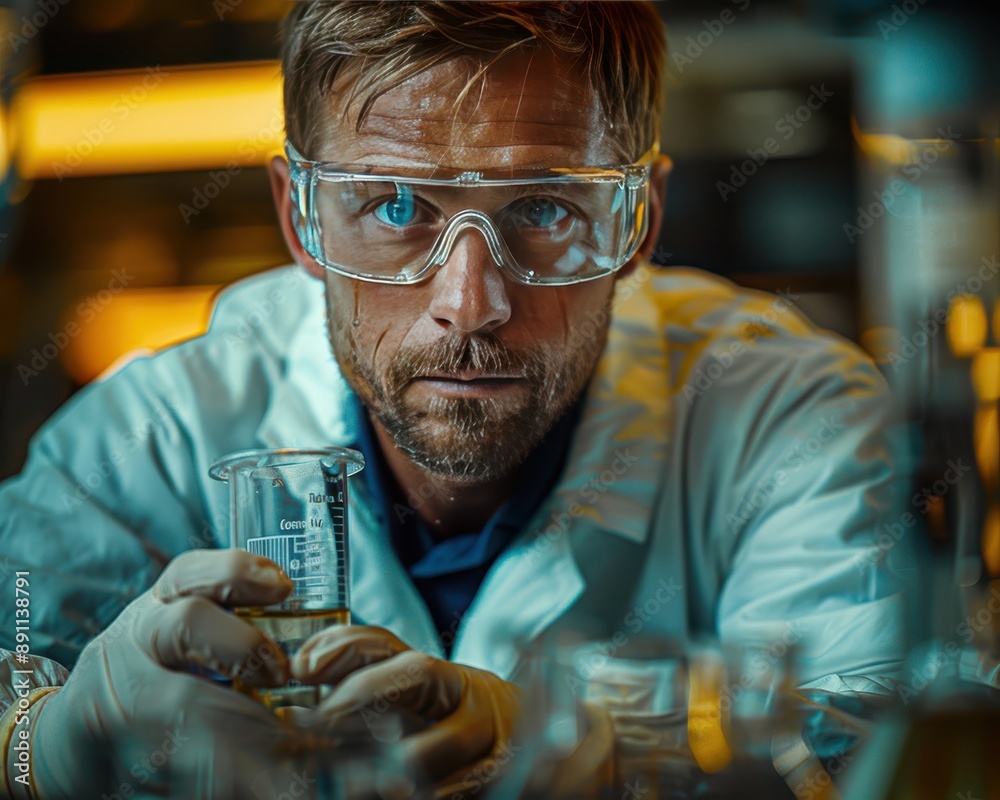 Scientific Experiment: Scientist Mixing Chemicals in Beaker in Laboratory Setting Scientific Experiment: Scientist Mixing Chemicals in Beaker in Laboratory Setting