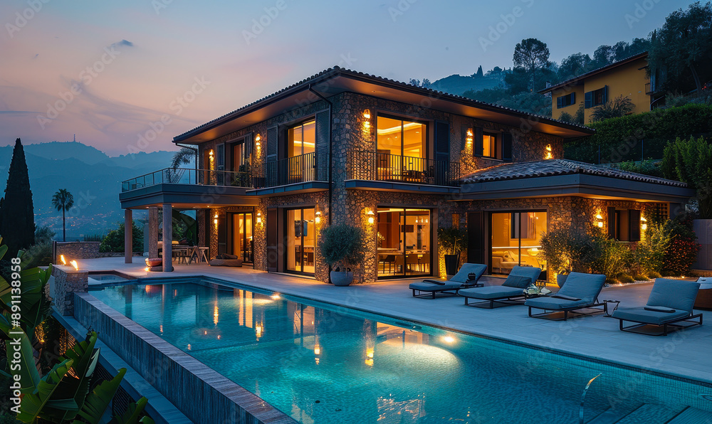 Obraz premium Luxurious Mountain Villa with Pool at Dusk, Warm Lighting, Modern Architecture, Relaxation and Serenity, Ideal for Vacation Home or Retreat